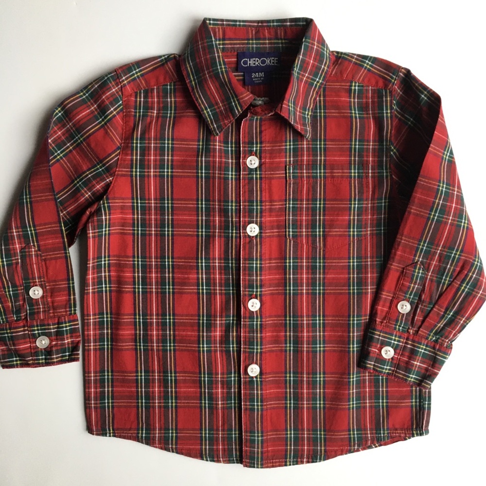 Boys Shirt Size 24 months red plaid 100% Cotton Top Christmas Button Down.